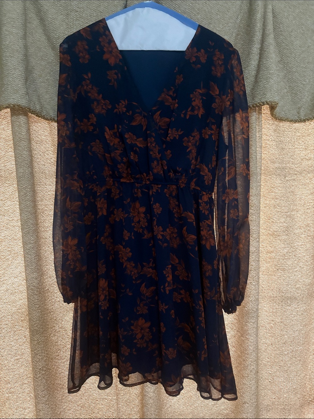 Floral Long-Sleeve Navy and Brown Chiffon Dress